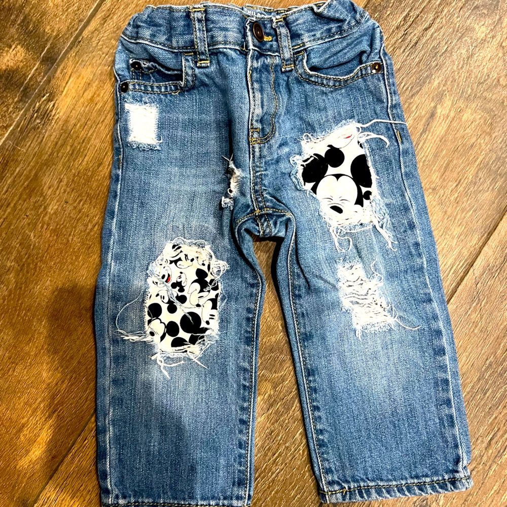 Boys 18- 24 months Mickey Mouse custom made ripped jeans. Child’s place brand
